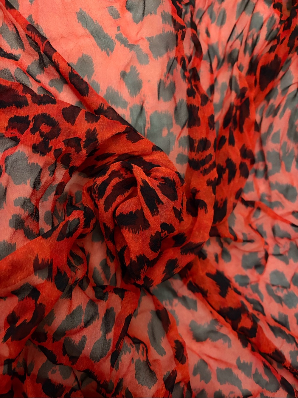 Printed Silk Chiffon in Black Leopard Print on Red Background - 1.4 yards - 45”